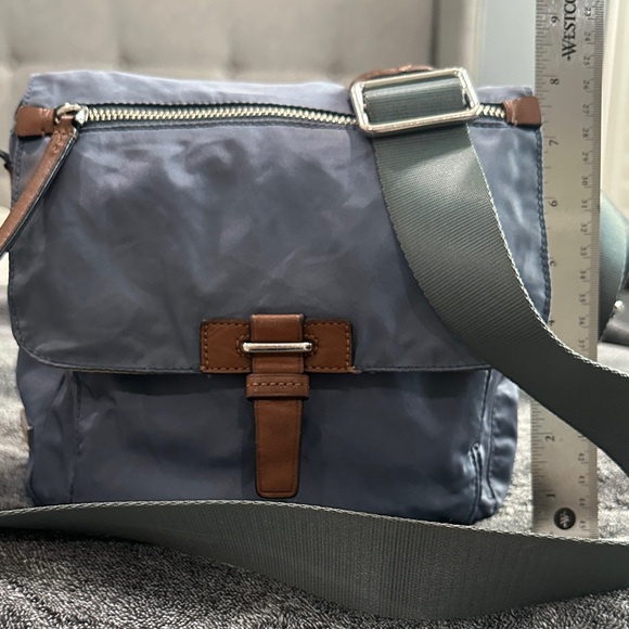 Tumi Blue Crossbody Bag with Brown Accents - Picture 1 of 5